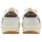 Pair of Gola sneakers, white with dark red heel tabs and gold Gola logo, rear view