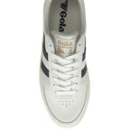 A single white Gola low-top sneaker with navy stripes, viewed from above.
