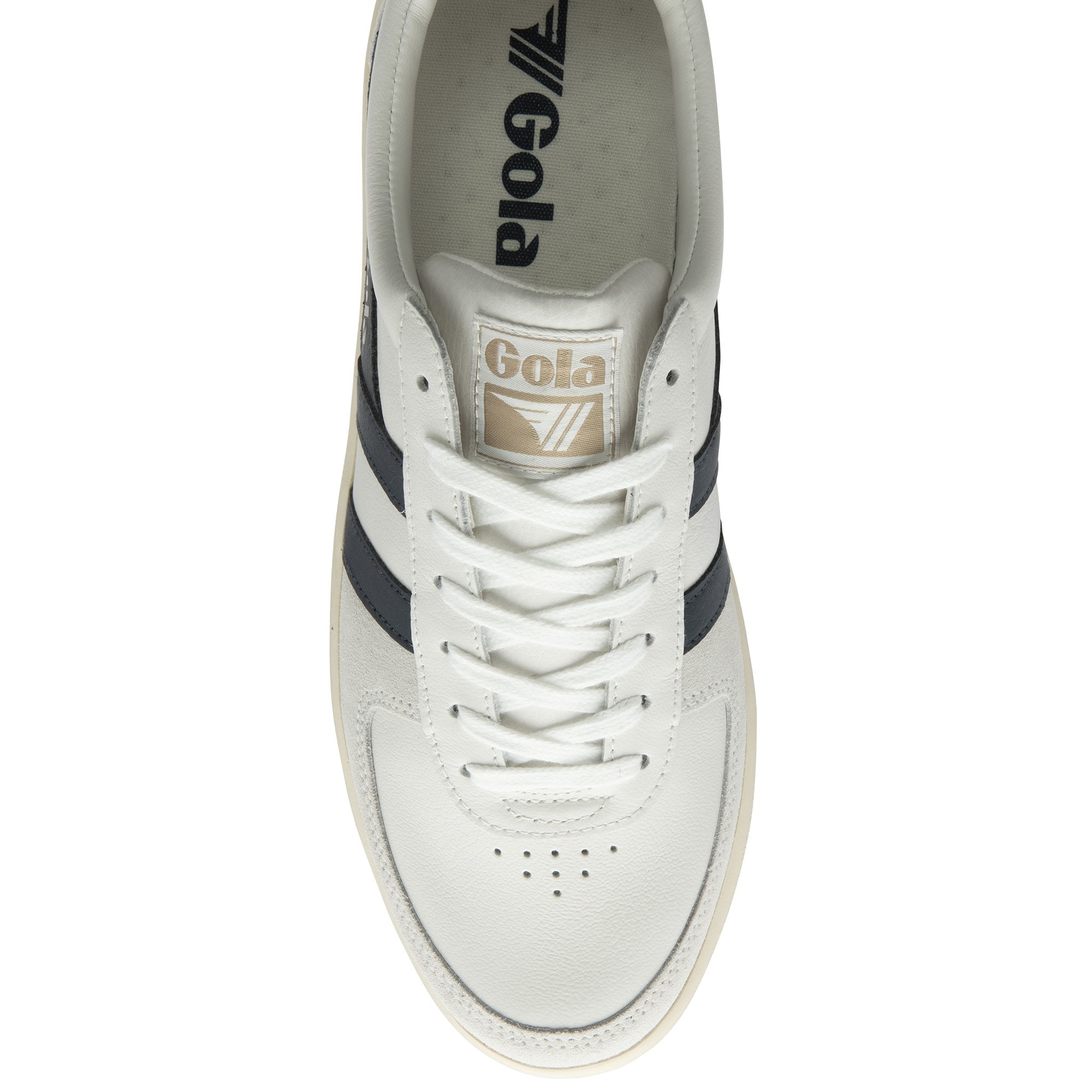 A single white Gola low-top sneaker with navy stripes, viewed from above.