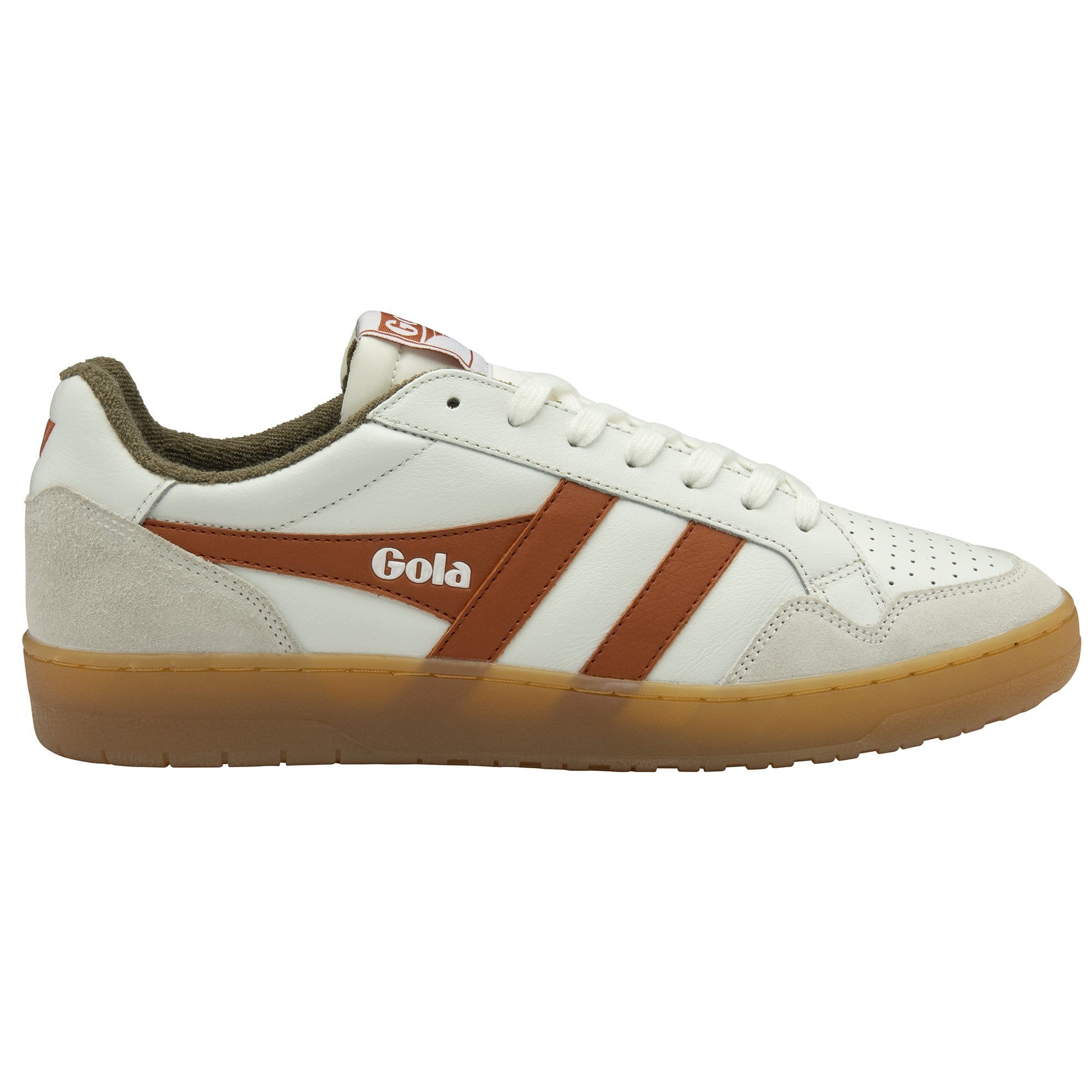 Side view of a white Gola sneaker with three brown stripes, a brown outsole, and Gola branding.