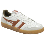Slightly angled side view of a white Gola sneaker with brown stripes and a brown outsole.