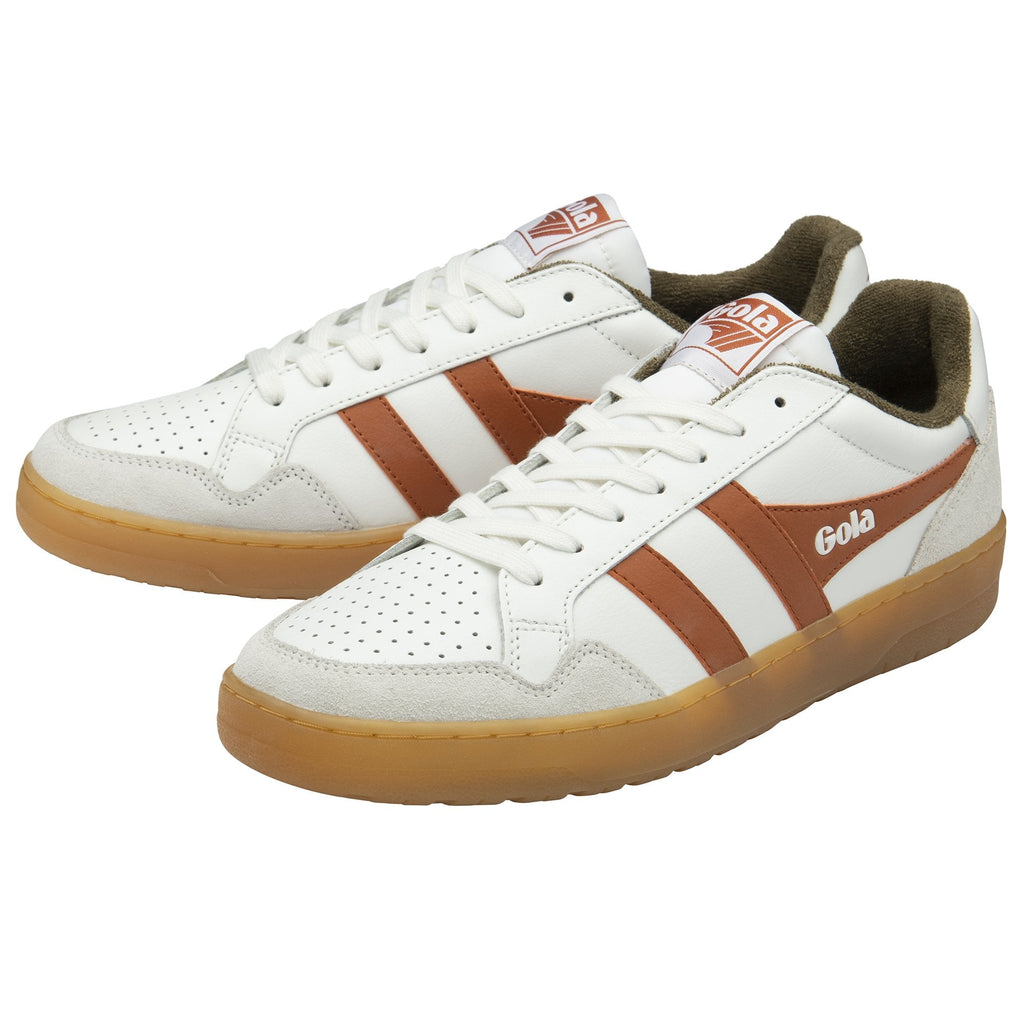 Pair of white Gola sneakers with brown stripes and brown outsoles, angled side view.