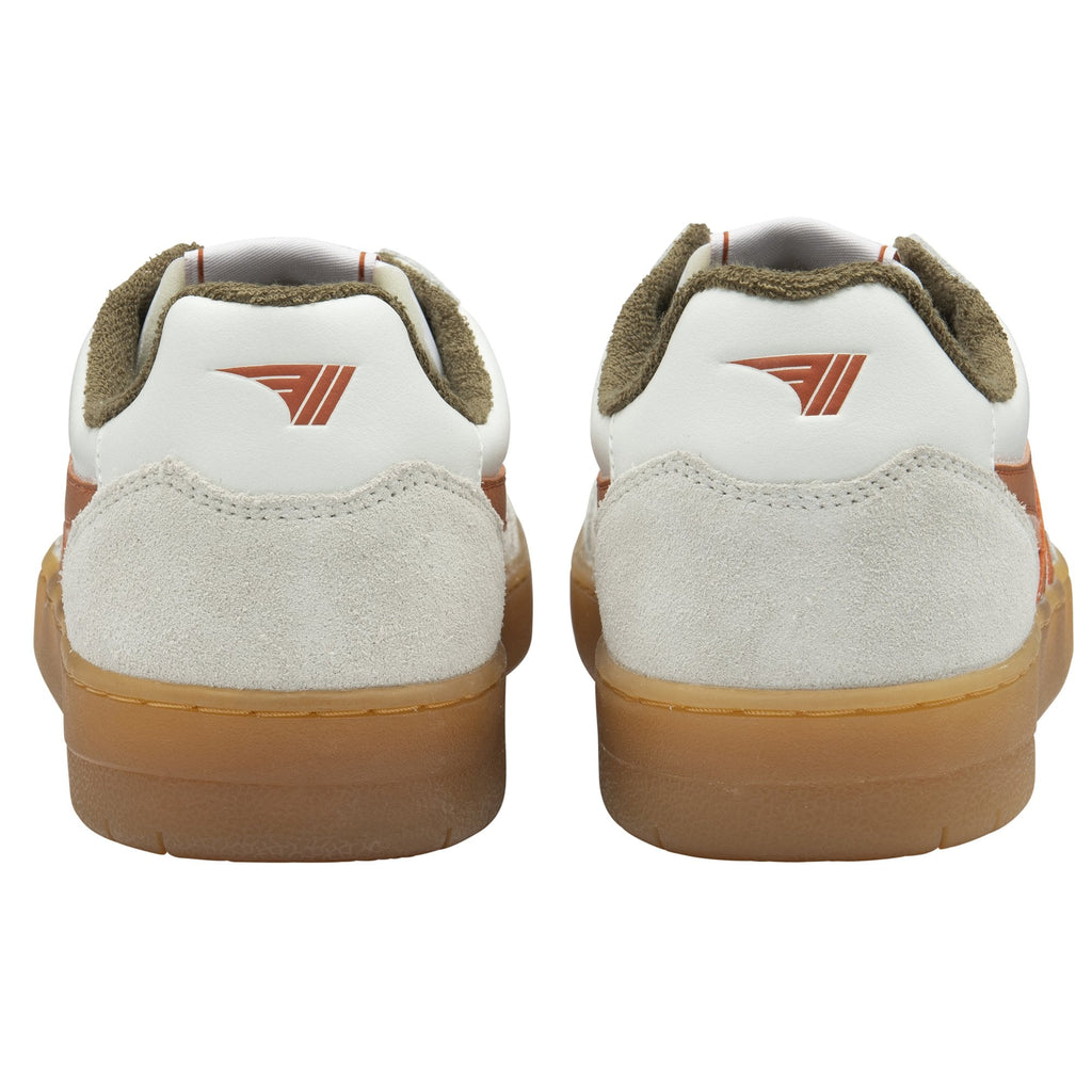 Rear view of two white Gola sneakers with brown outsoles and brown V-shaped logos.