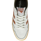 Top-down view of a white Gola sneaker with white laces, brown stripes, and a brown outsole.