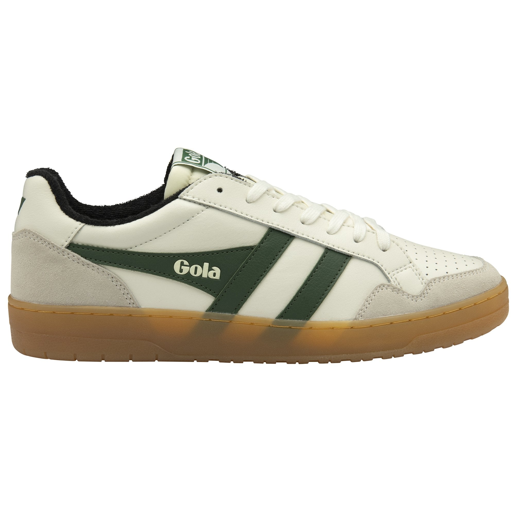 A single Gola low-top sneaker in white and forest green with a gum sole, shown from the side.