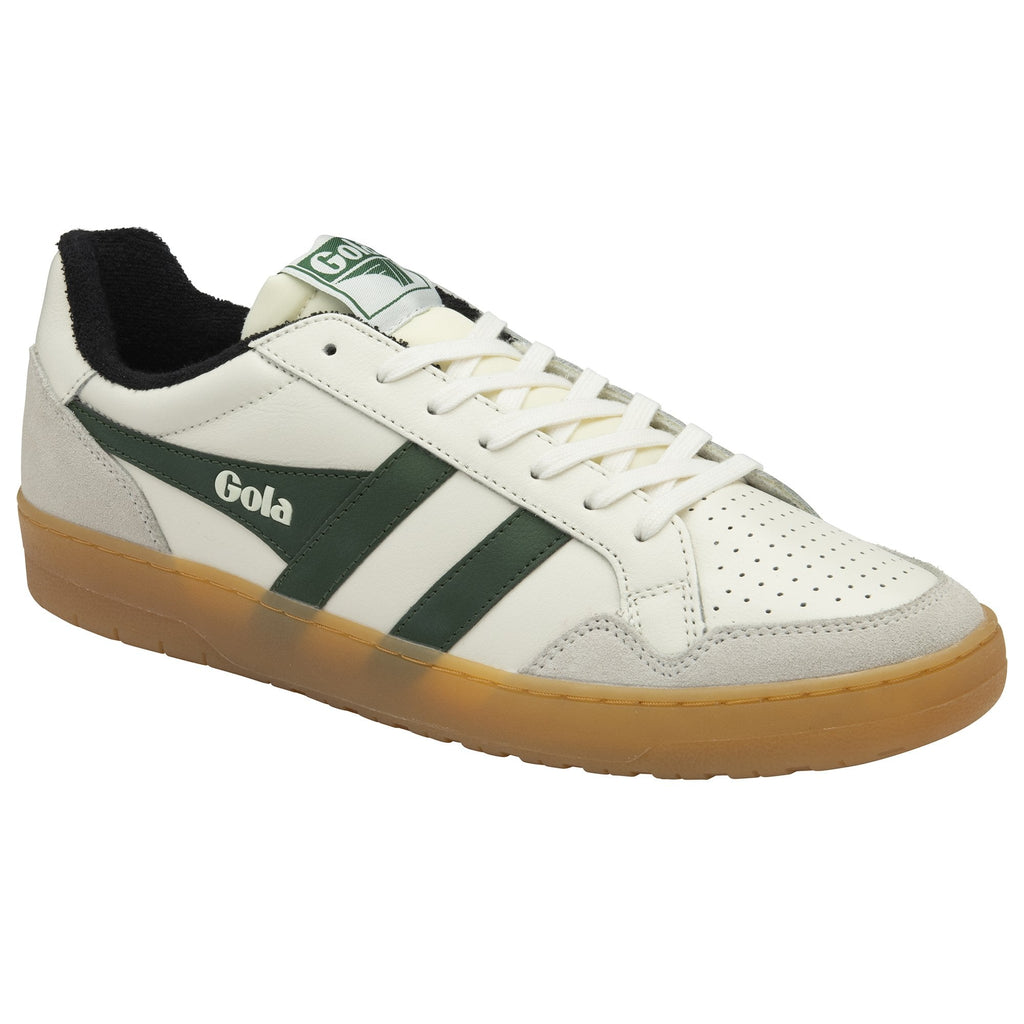 A side view of a white and forest green Gola low-top sneaker with a gum sole.