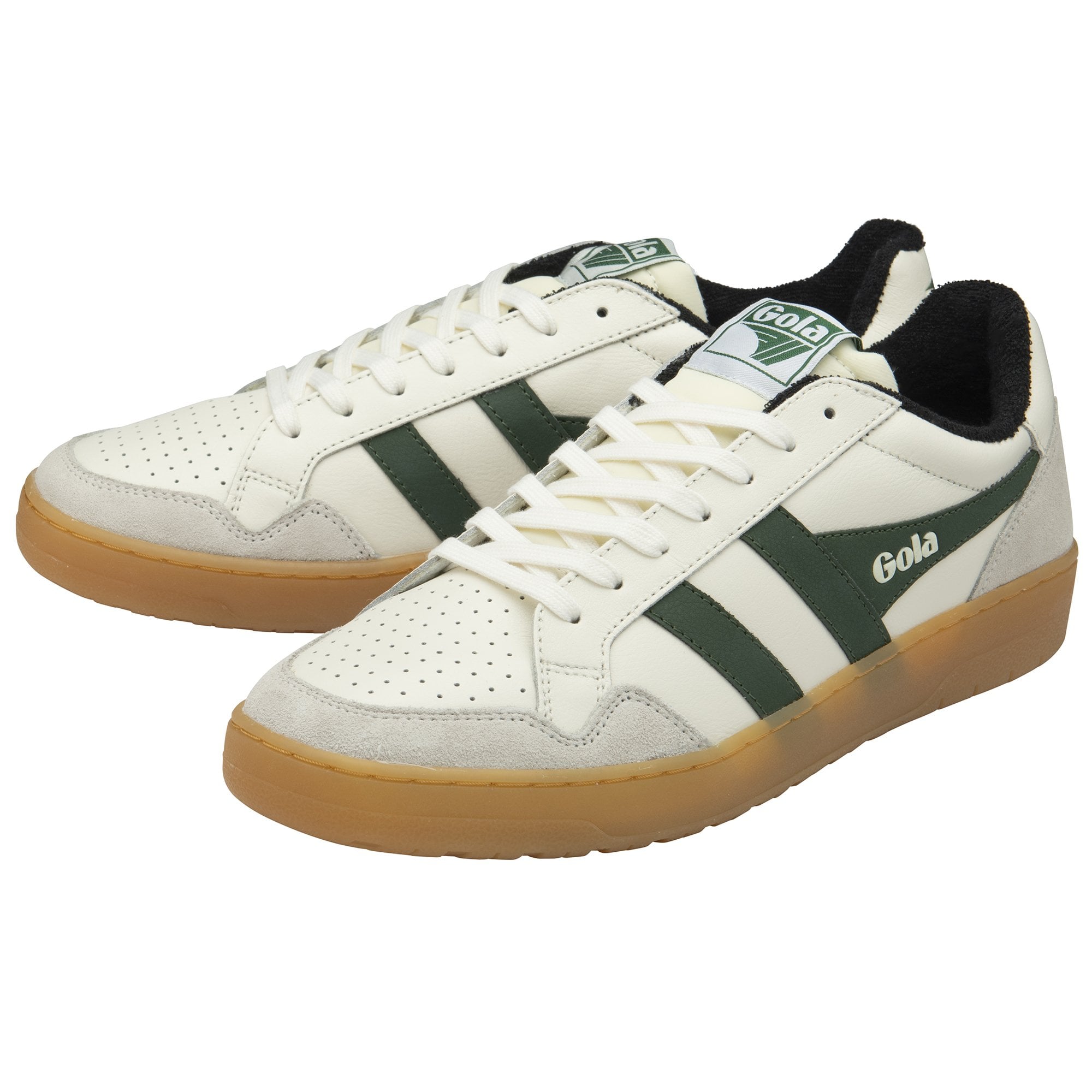 A pair of white and forest green Gola low-top sneakers with gum soles, angled slightly.