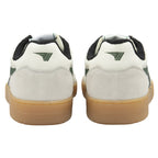 The rear view of two white and forest green Gola low-top sneakers with gum soles.
