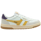 A white Gola men's sneaker with yellow stripes and a purple heel tab, angled right.