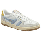 White Gola low-top sneaker with light blue and yellow accents, side view.