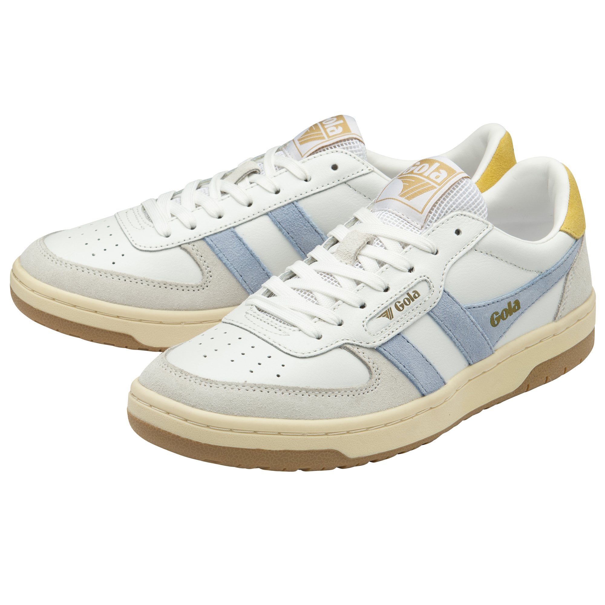 Pair of white Gola low-top sneakers with light blue and yellow accents.