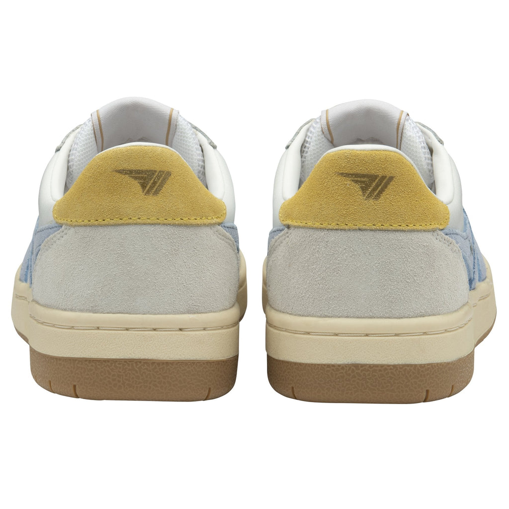 Back view of a pair of white Gola sneakers with yellow heel accents.