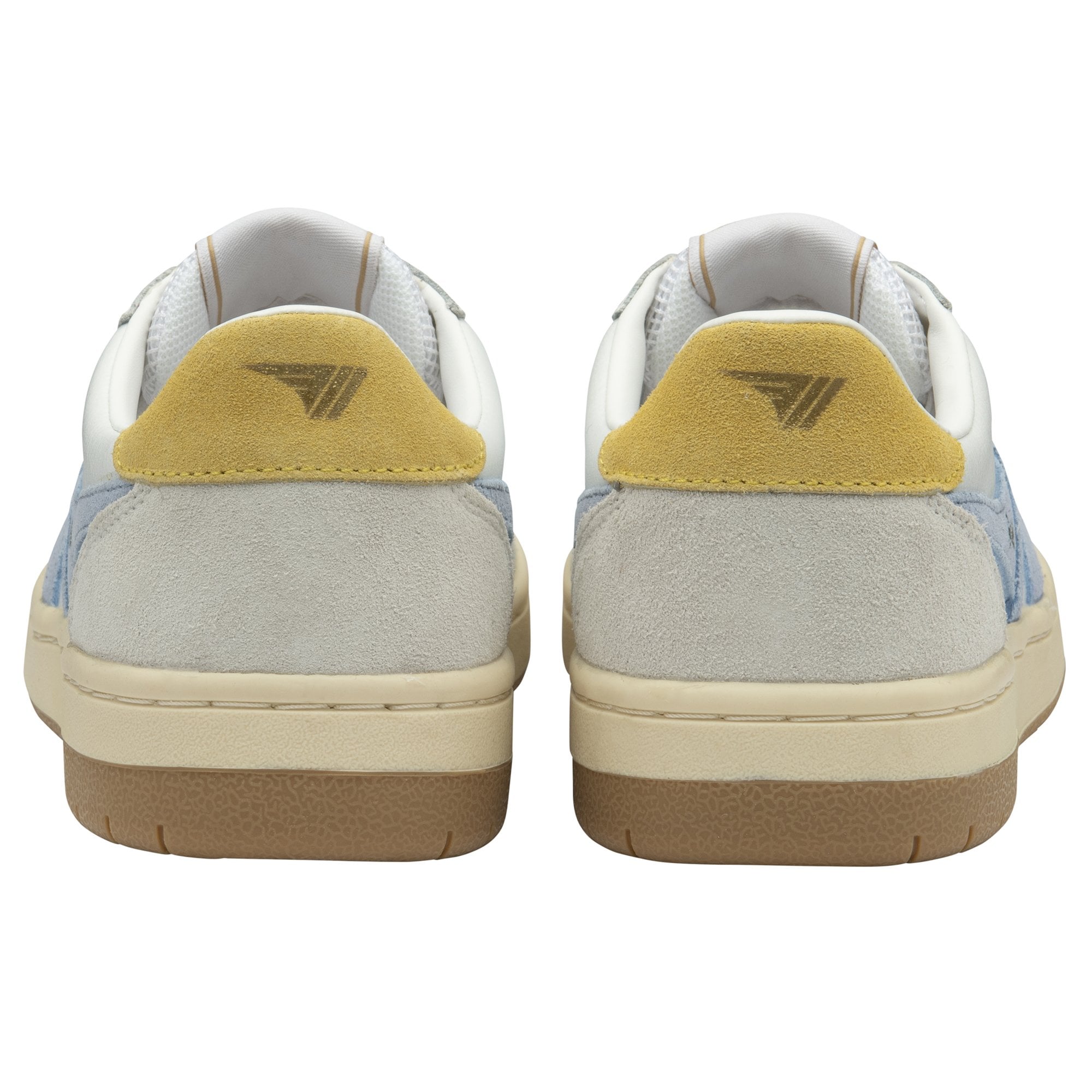 Back view of a pair of white Gola sneakers with yellow heel accents.