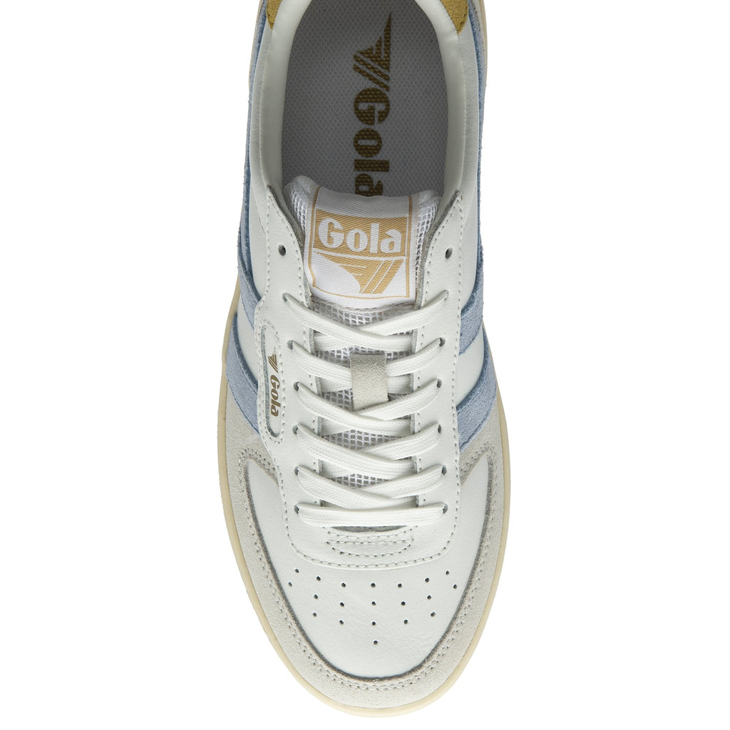 Top-down view of a white Gola low-top sneaker with light blue stripes.