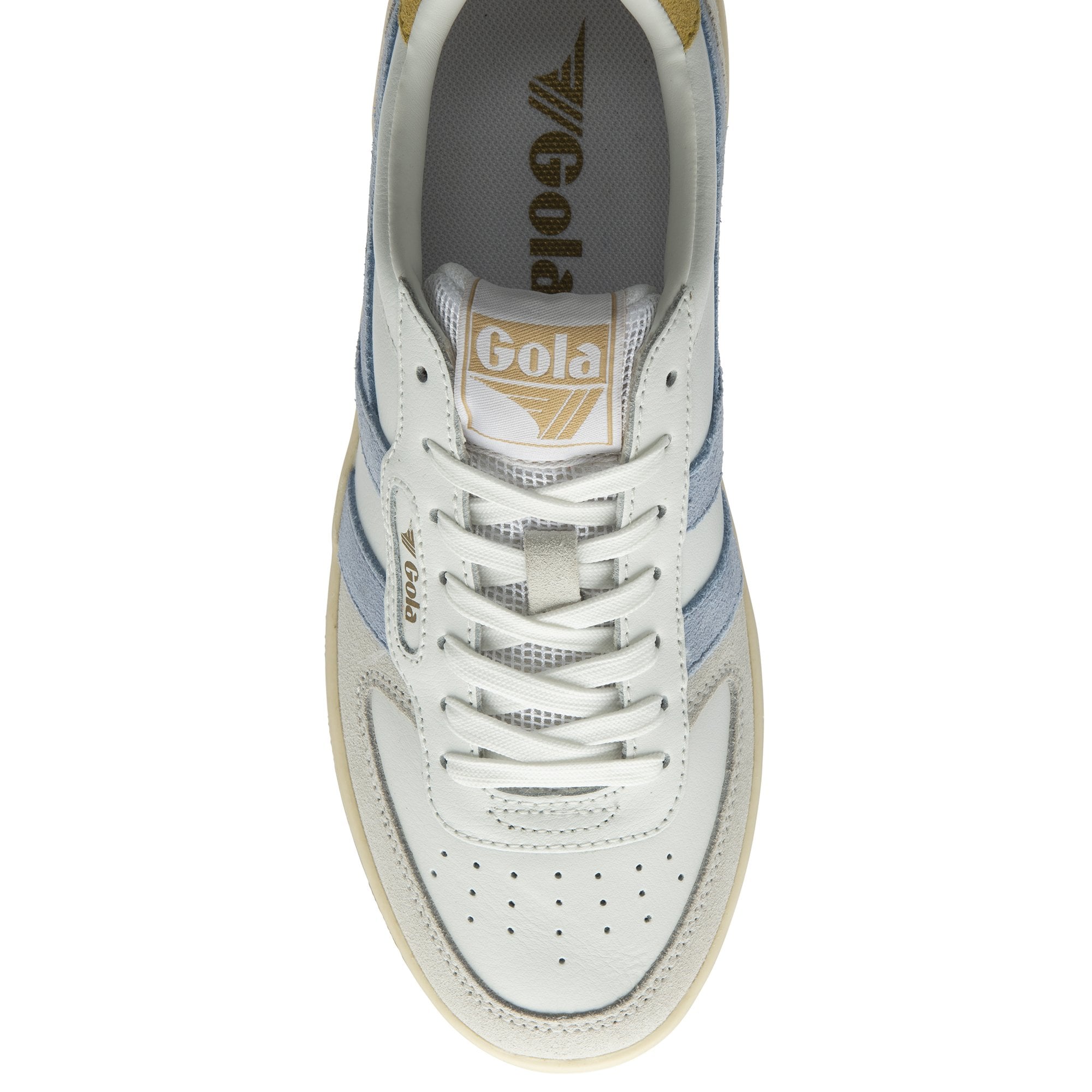 Top-down view of a white Gola low-top sneaker with light blue stripes.