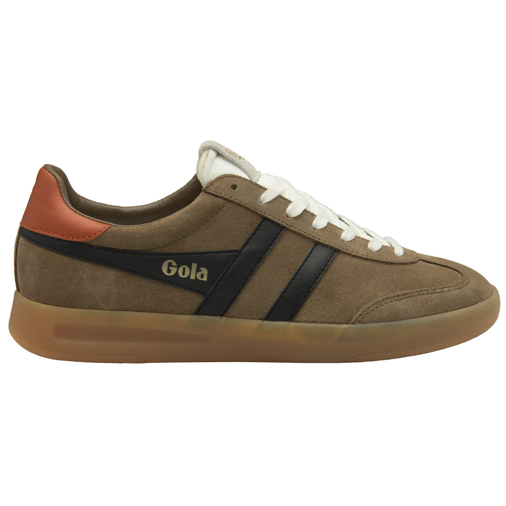Brown Gola men's sneaker with black stripes and an orange heel accent.
