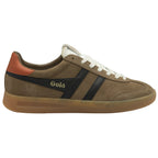 Brown Gola men's sneaker with black stripes and an orange heel accent.