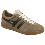Brown Gola men's sneaker with black stripes and an orange heel accent.