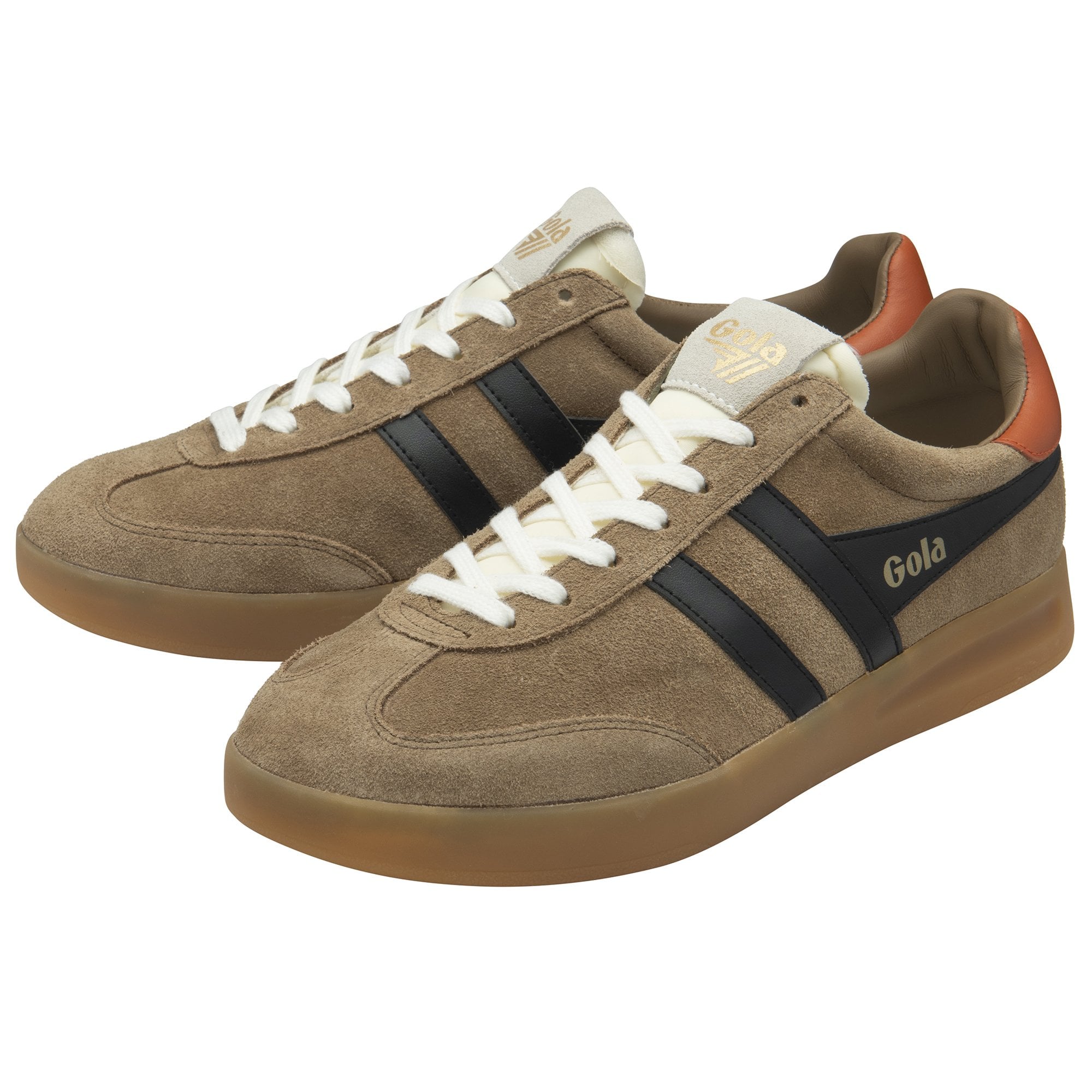 Pair of brown Gola men's sneakers with black stripes and orange heel accents.