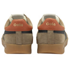Back view of a pair of brown Gola men's sneakers with orange heel accents.