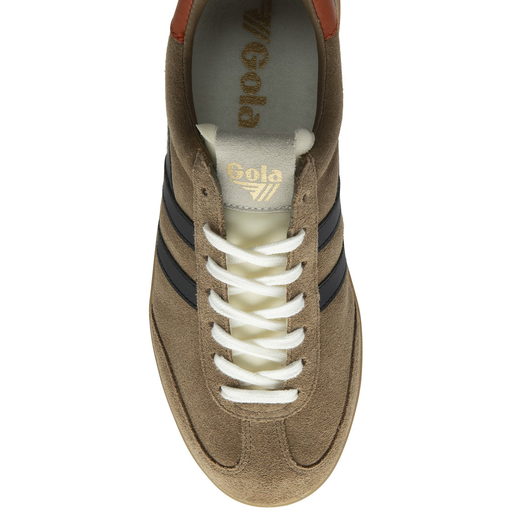 Top down view of a brown Gola men's sneaker with white laces and black stripes.