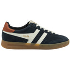 A single Gola men's sneaker in navy with white stripes and a gum sole, viewed from the side.