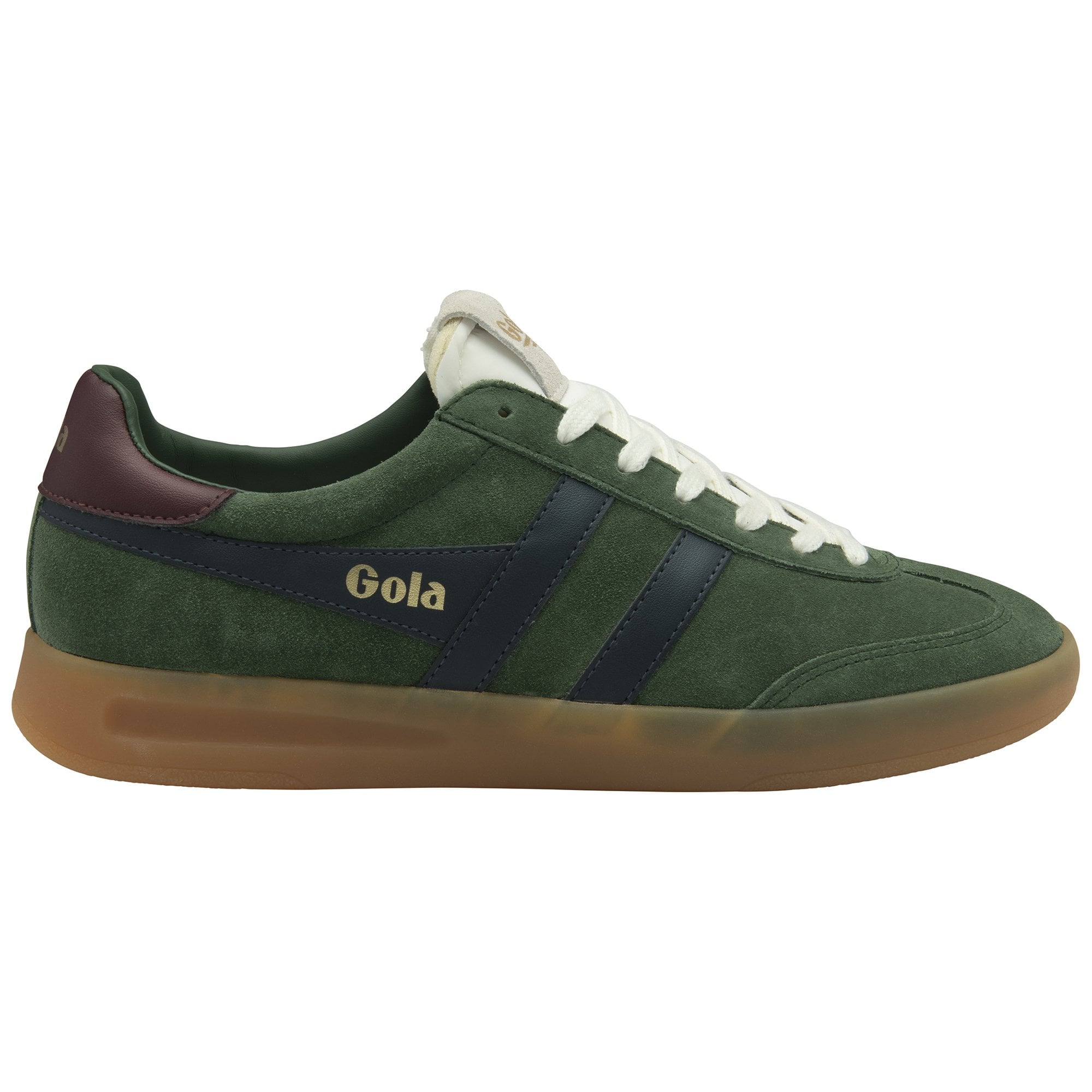 Side profile of a Gola men's Trainer, in green with navy side stripes and cream laces.