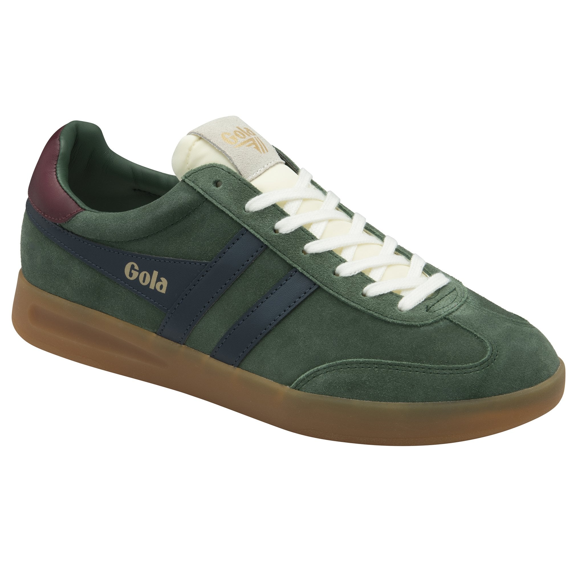 Angled side profile of a Gola men's Trainer, in green with navy side stripes and cream laces.