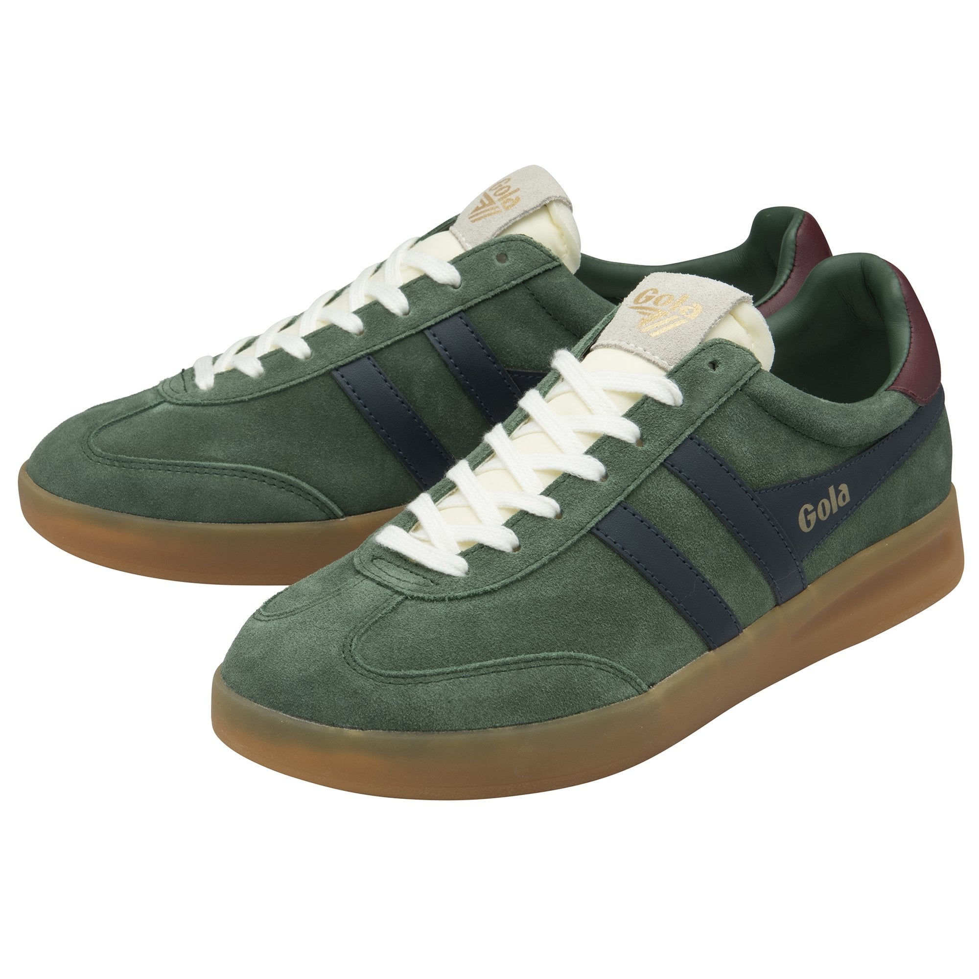 Pair of Gola men's Trainers, in green with navy side stripes and cream laces.