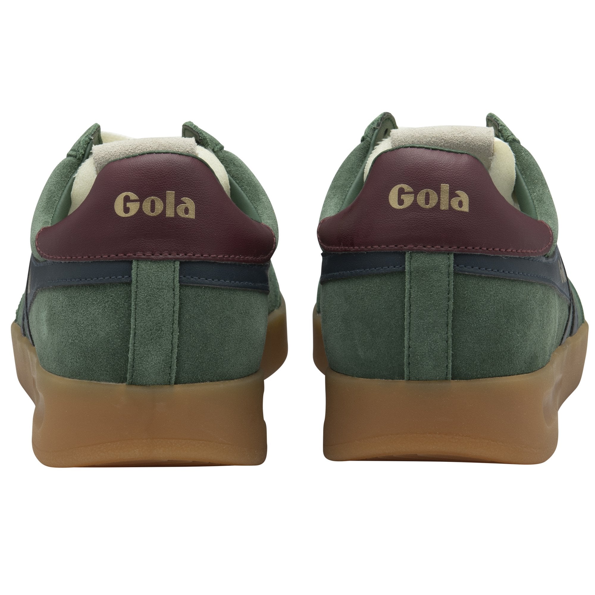 Rear profile of a pair of Gola men's Trainers, in green with burgundy heels.