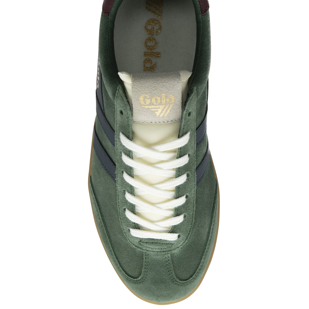 Top down view of a Gola men's Trainer, in green with navy side stripes and cream laces.