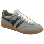 A single gray Gola sneaker with black stripes and a brown sole, angled slightly.