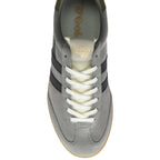 An overhead view of a single gray Gola sneaker with white laces and black stripes.