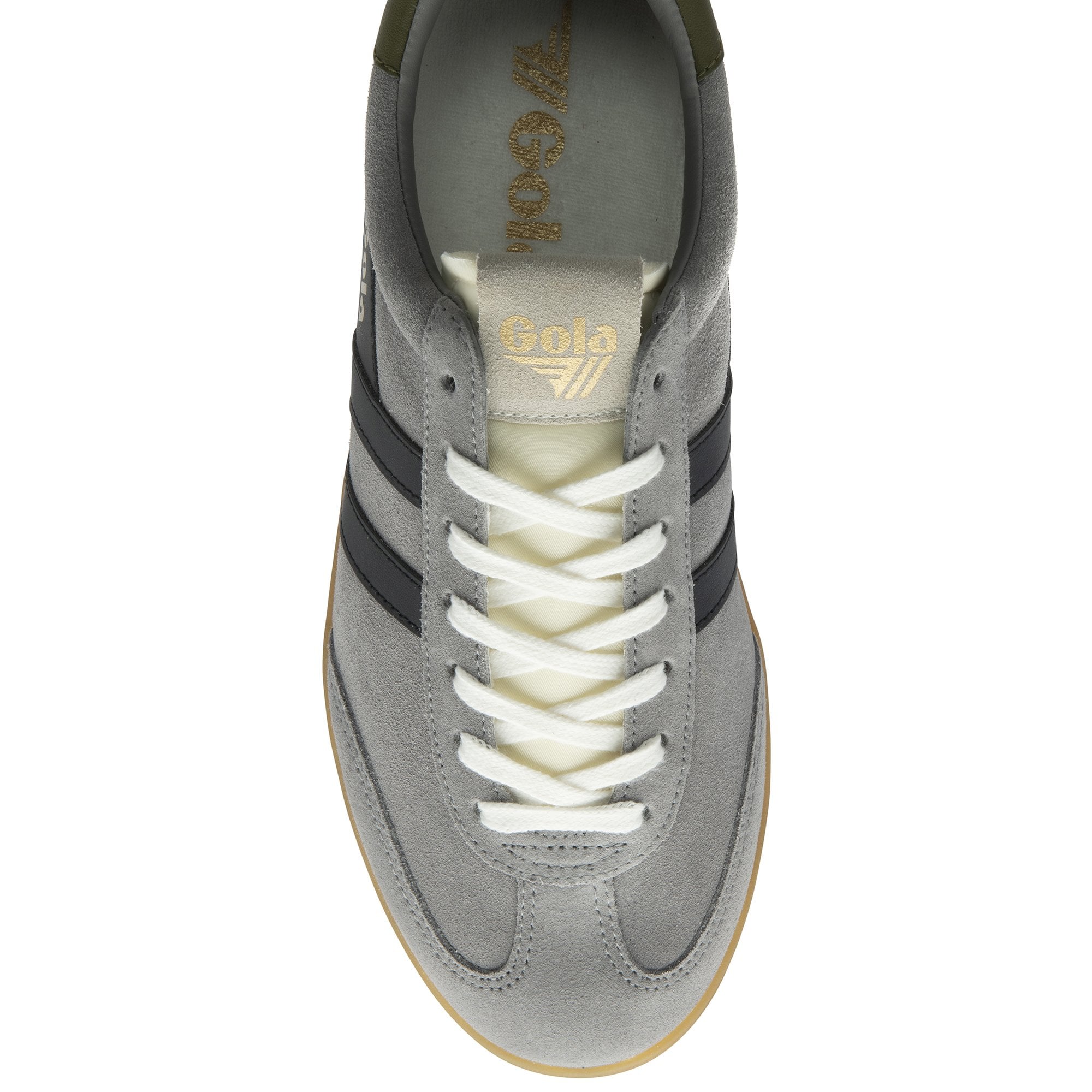 An overhead view of a single gray Gola sneaker with white laces and black stripes.
