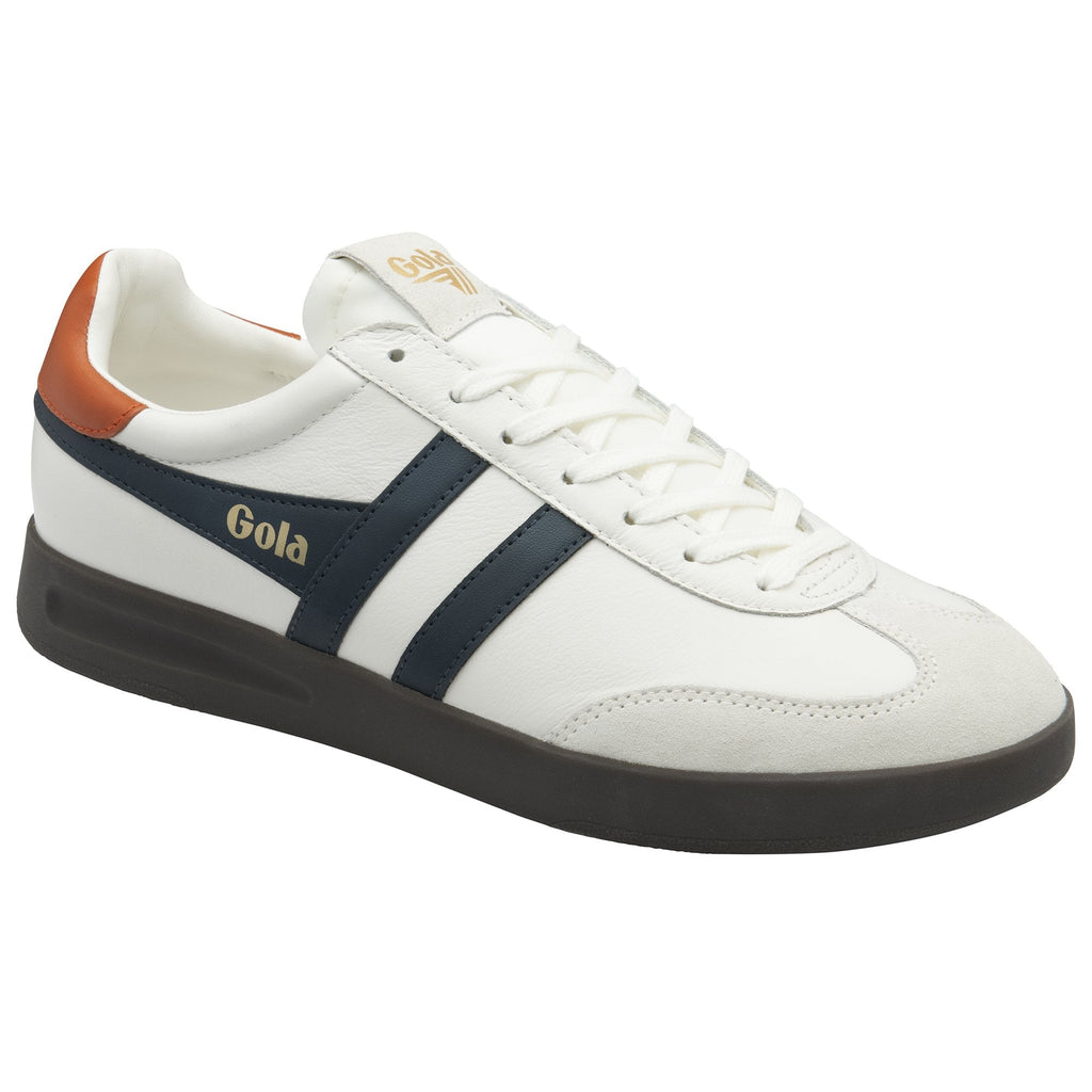 Angled side view of a white Gola sneaker with navy stripes and a brown heel.