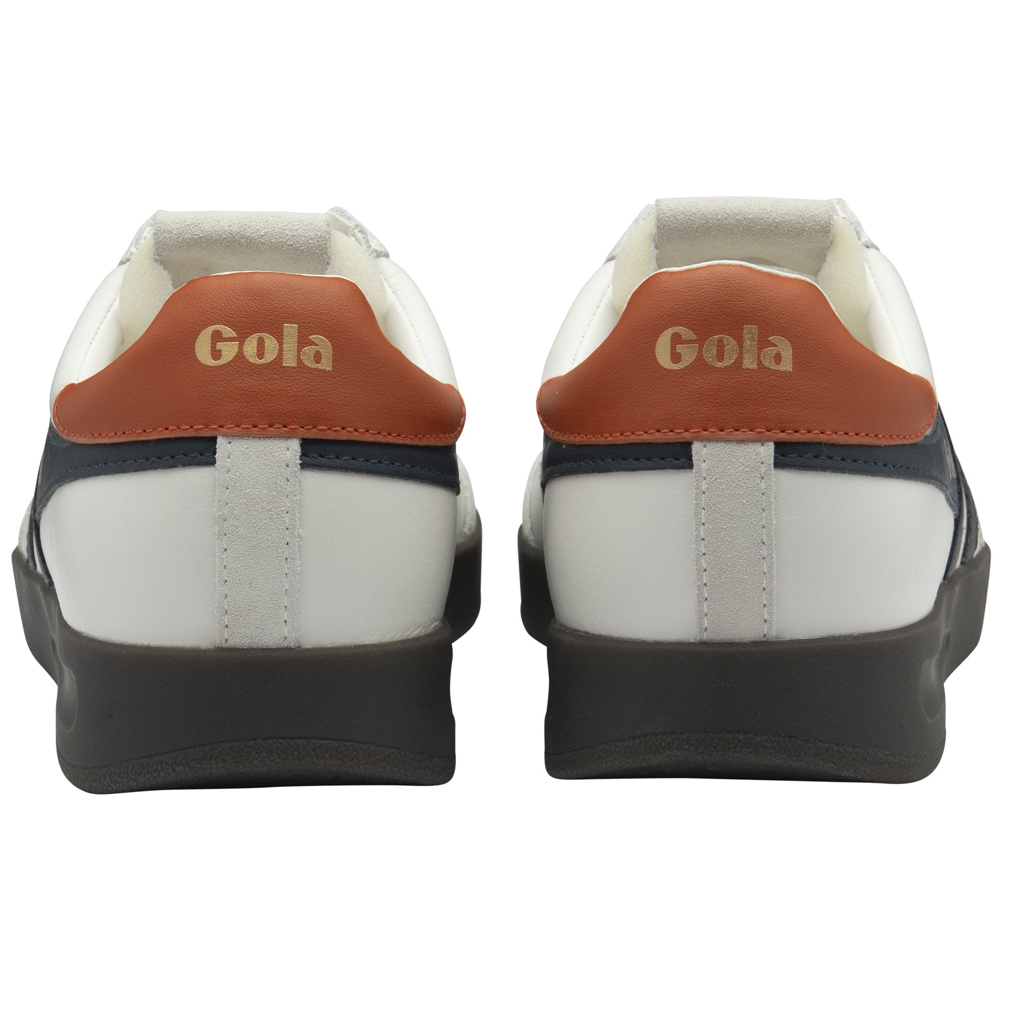 Rear view of two white Gola sneakers with brown heel tabs featuring the Gola logo.
