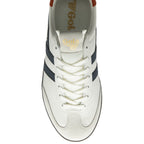 Top down view of a white Gola sneaker with navy stripes and white laces.