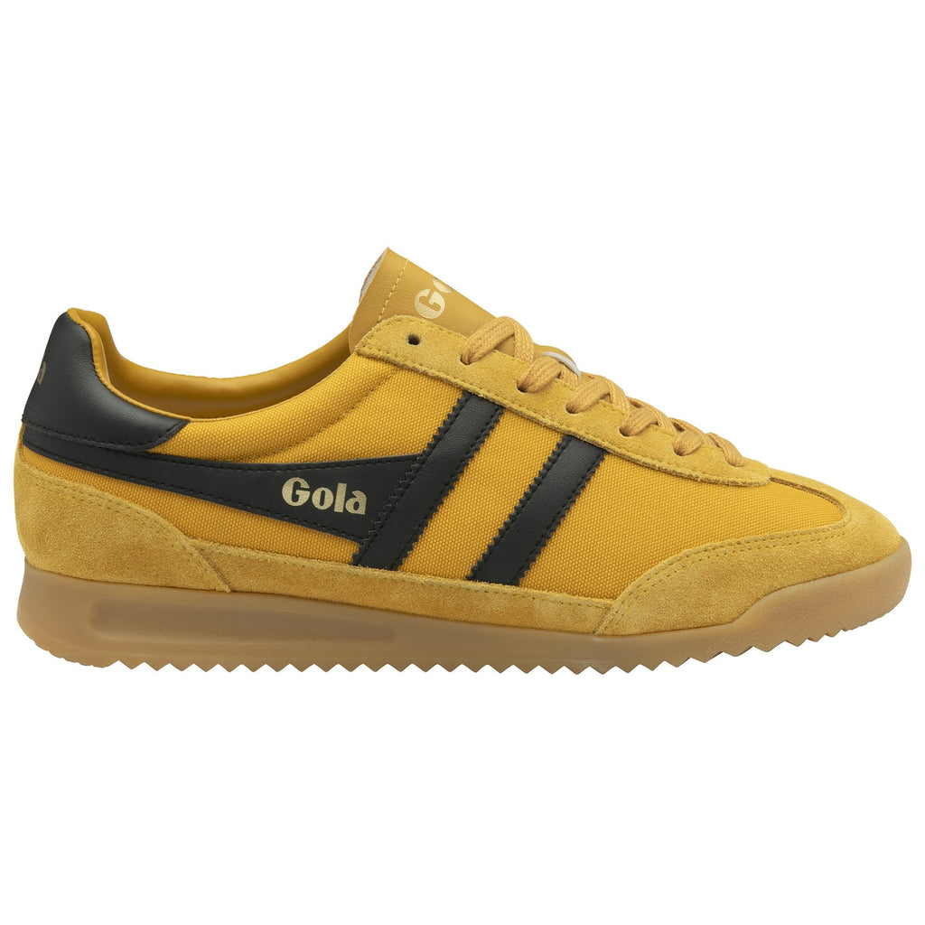 Side profile of a Gola men's trainer in mustard and black.