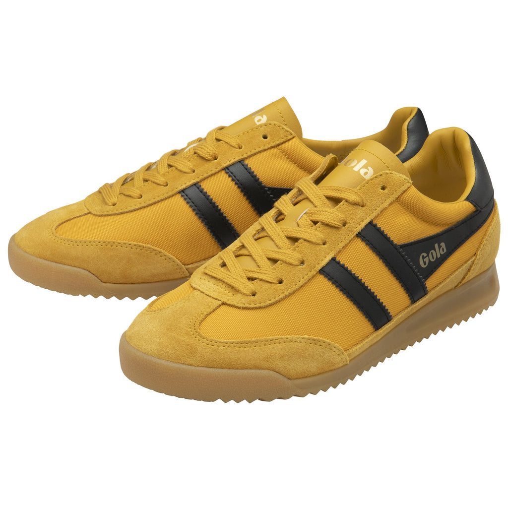 Pair of Gola men's trainers in mustard and black.