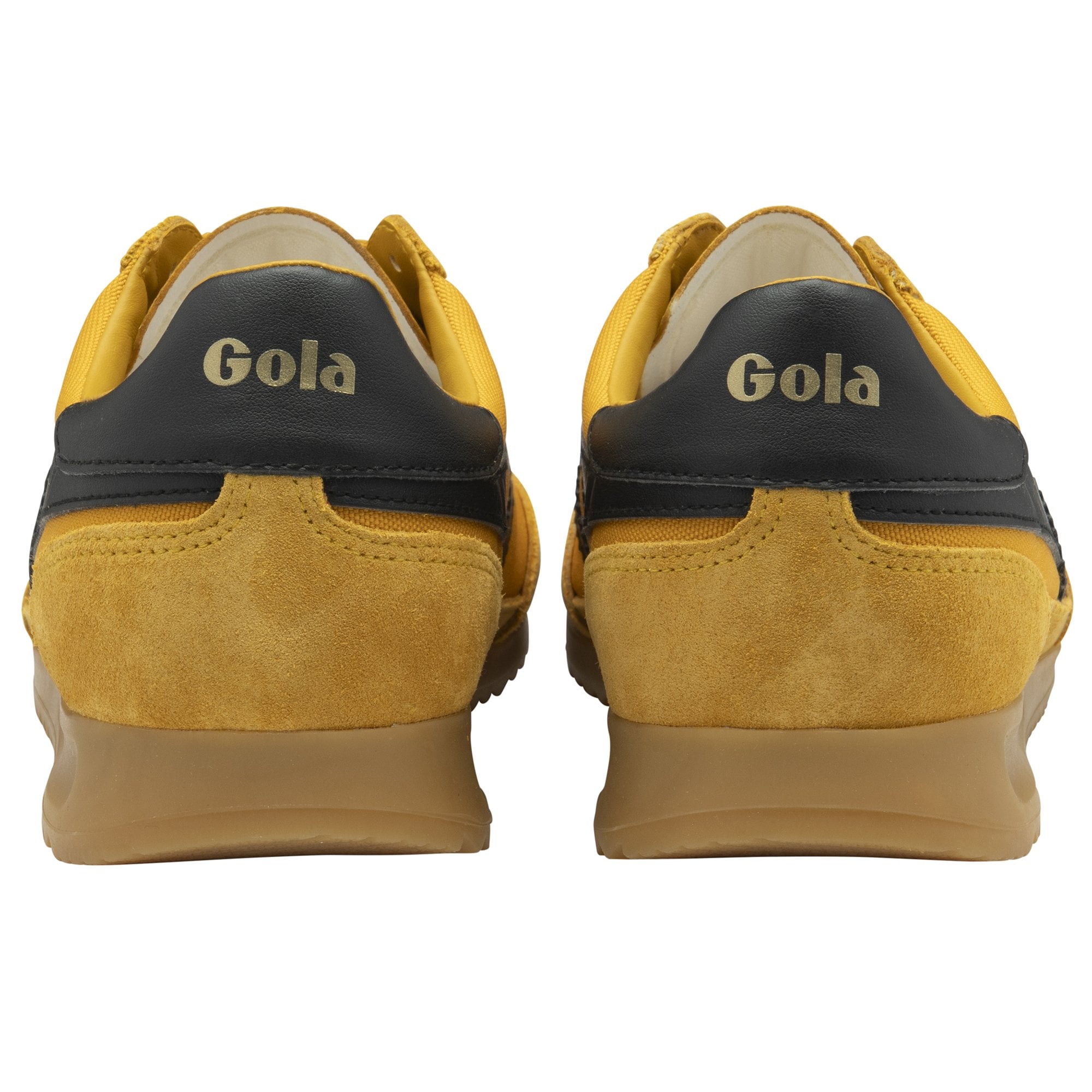 Rear view of a pair of Gola men's trainers in mustard and black.