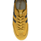 Top down view of a Gola men's trainer in mustard and black.