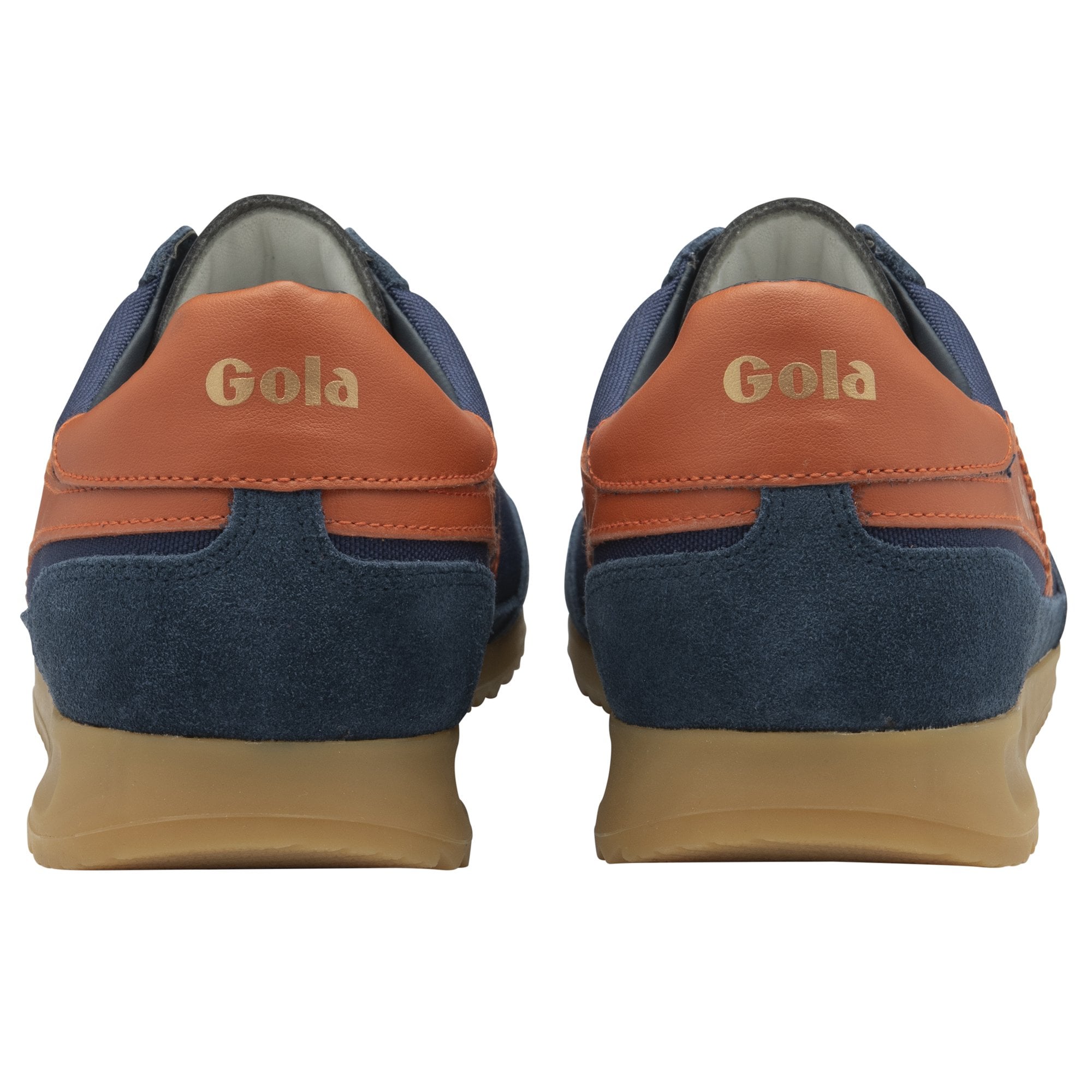 The backs of two casual trainers on a white background, focusing on the heel branding.