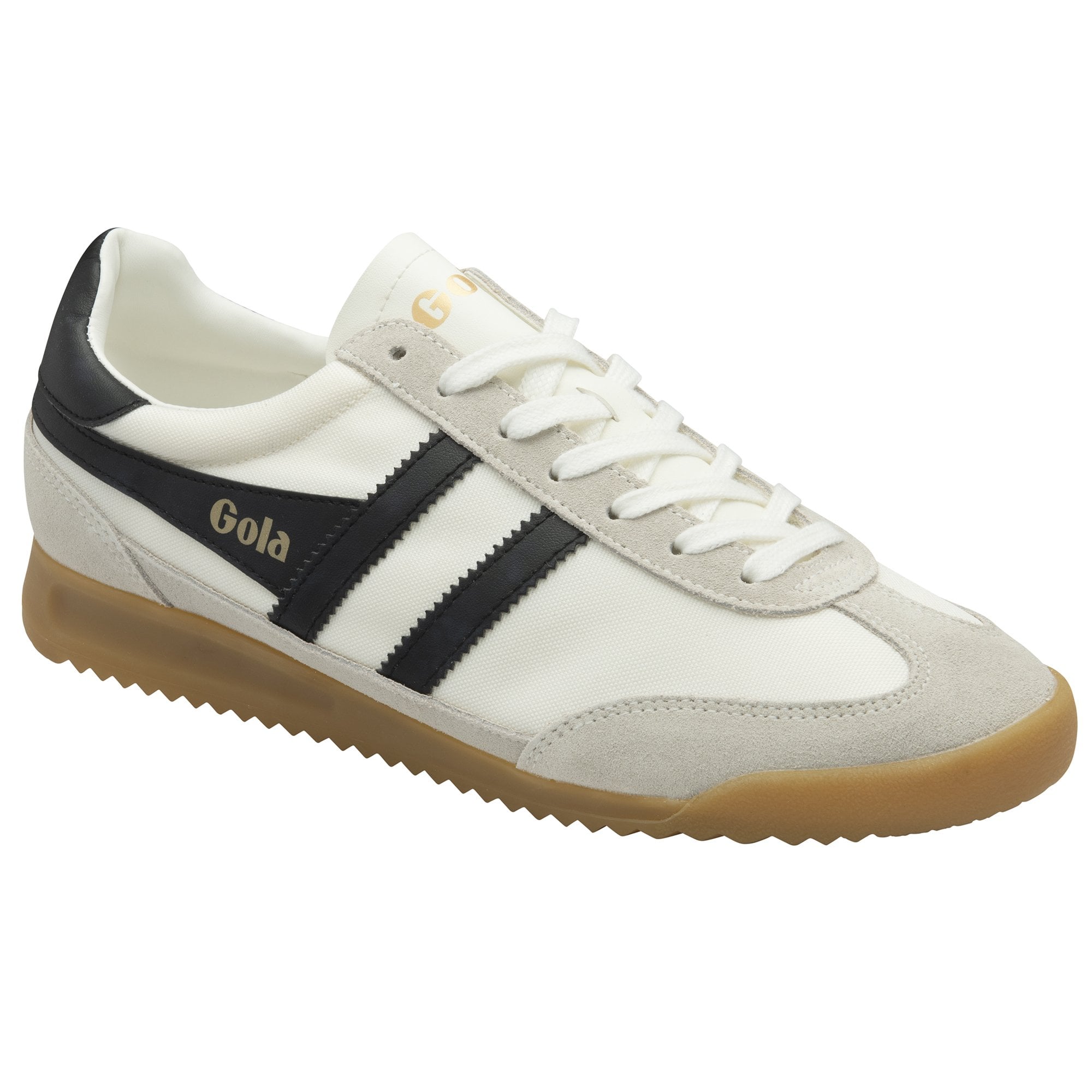 A white Gola Harrier Trainer with black stripes and a gum sole, angled slightly.