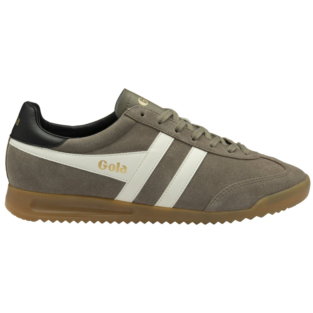 Gola Elan trainer in khaki, white and black with a gum sole, right shoe, side view.