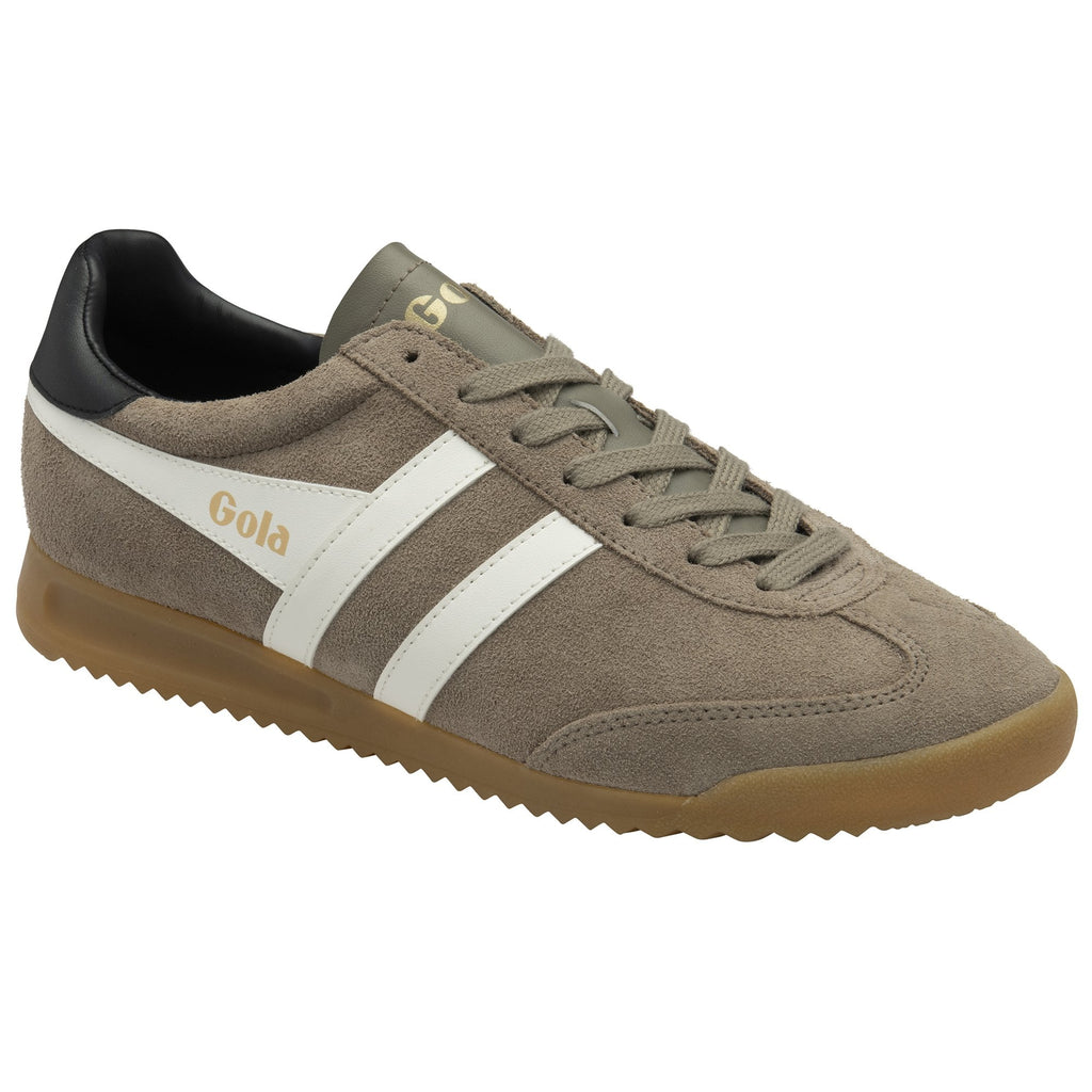 Gola Elan trainer in khaki, white and black with a gum sole, left shoe, side view.