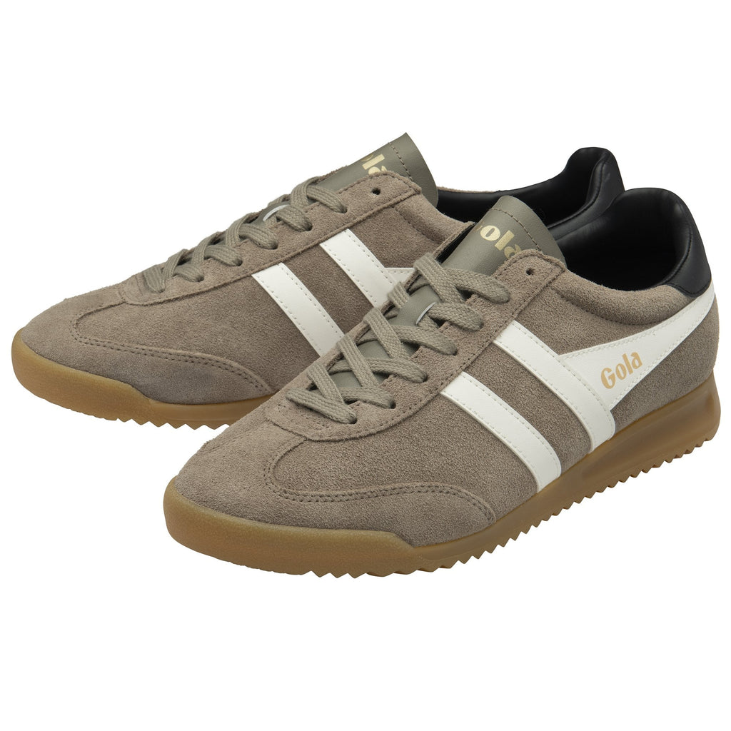 Pair of Gola Elan trainers in khaki, white and black with a gum sole, three-quarter view.