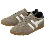 Pair of Gola Elan trainers in khaki, white and black with a gum sole, three-quarter view.