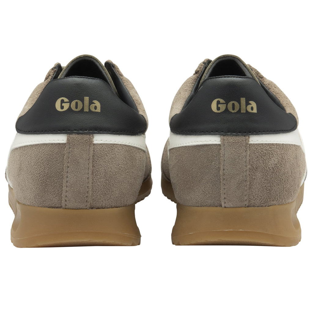 Rear view of Gola Elan trainers in khaki, white and black with a gum sole.