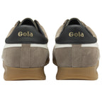 Rear view of Gola Elan trainers in khaki, white and black with a gum sole.