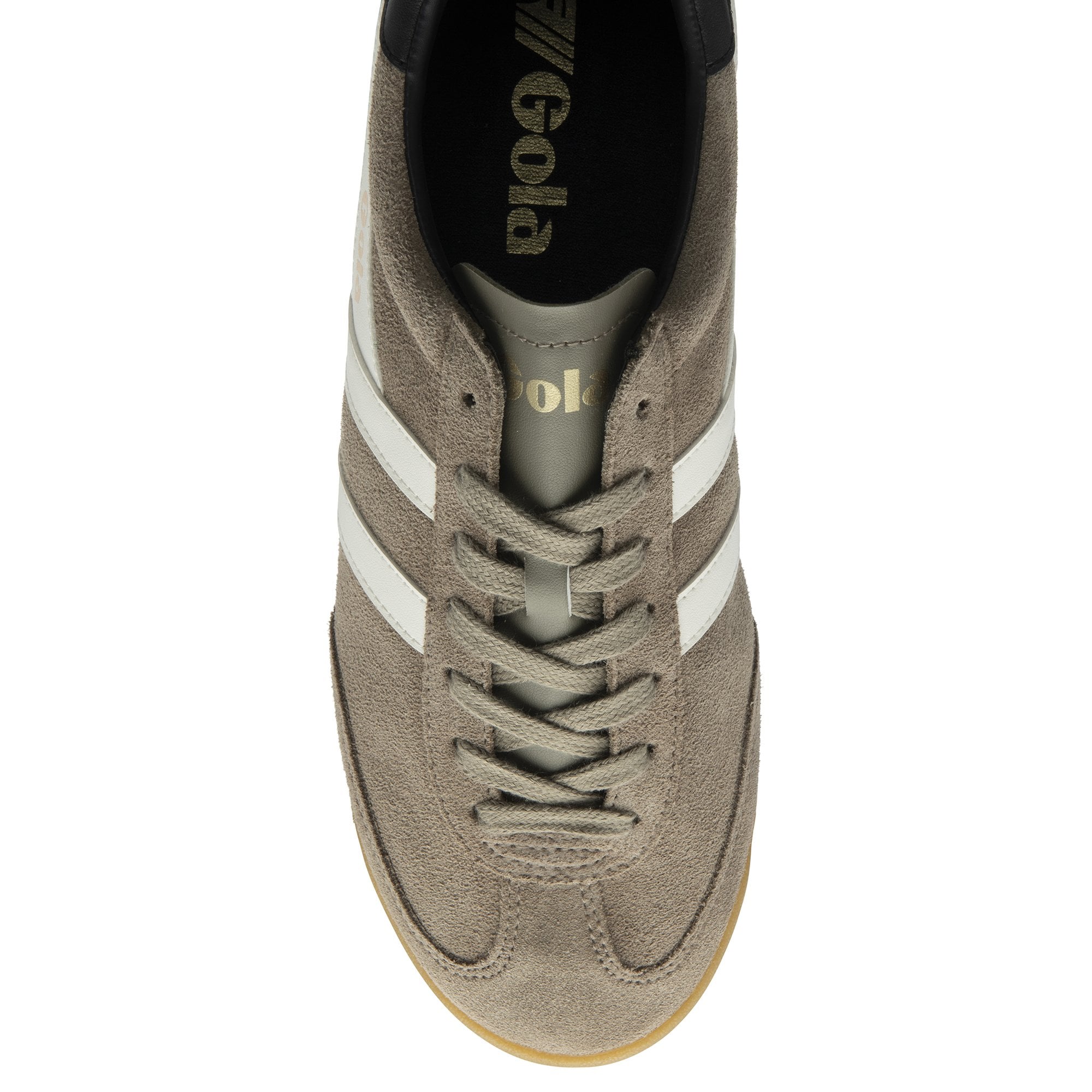 Overhead view of a Gola Elan trainer in khaki, white and black with a gum sole.
